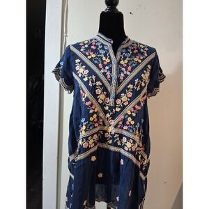 Johnny Was Navy Blue Floral Embroidered Cupra Rayon Tunic Top XS C24818-2 Boho